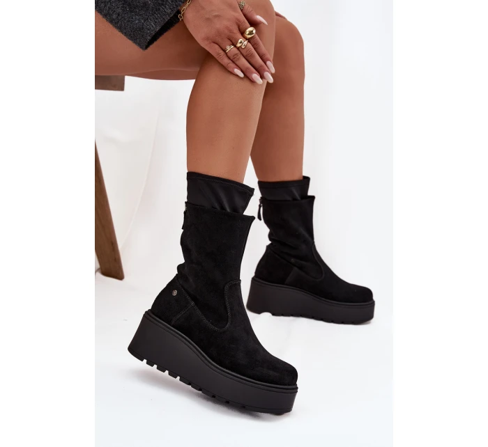 Dámské kožené semišové kotníkové boty na masivní platformě Maciejka A7161-20 Černé