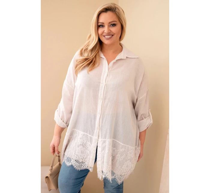 Dámská košile Plus Size bavlněná opraná s krajkovým zakončením béžová