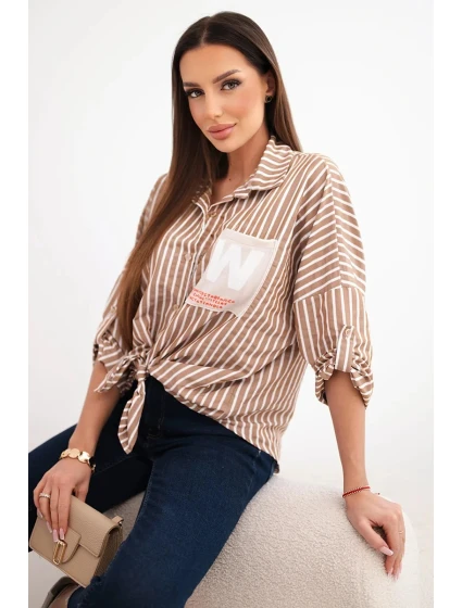 Dámská bavlněná košile s pruhy a zavazováním camelová