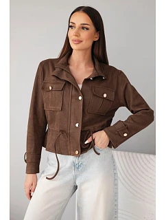 Dámská semišová bunda s kapsami a model 22293782 v pase hnědá - K-Fashion