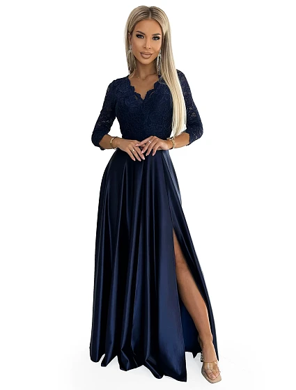 AMBER Tmavě modré dlouhé dámské šaty s výstřihem model 19006822 - numoco