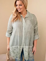 Dámská košile Plus Size bavlněná s krajkovým zakončením khaki