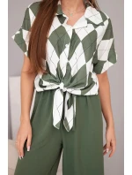 Komplet dámský viskózový košile s vázáním a kalhoty s gumou khaki Komplet dámský viskózový košile s vázáním a kalhoty s gumou khaki