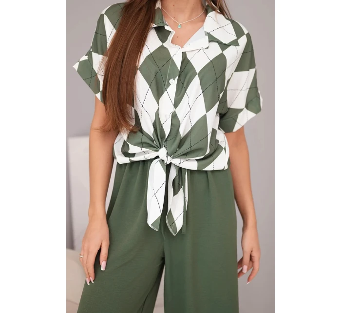 Komplet dámský viskózový košile s vázáním a kalhoty s gumou khaki Komplet dámský viskózový košile s vázáním a kalhoty s gumou khaki