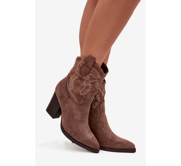 Dámské kožené boty na podpatku Eko semiš tmavě béžové model 21714713 - Boto