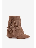 Dámské kotníkové boty na jehlovém podpatku s třásněmi a zlatými přezkami béžové model 21757497 - Boto