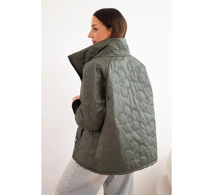 Dámská jarní prošívaná bunda s ozdobnou model 22040172 a zipem khaki - K-Fashion