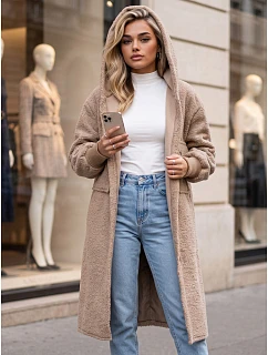 Płaszcz damski baranek długi z kapturem kamelowy FashionStreet NY0830