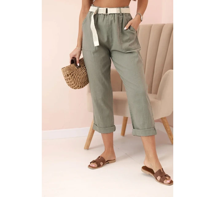 Dámské lněné kalhoty s bavlnou a páskem khaki