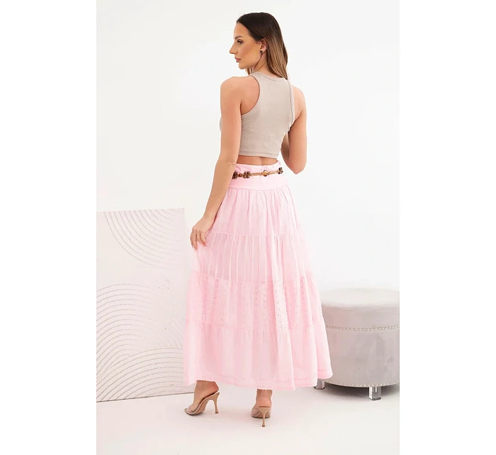 Dámská maxi bavlněná sukně s model 22048771 výšivkou a elastickým pasem cukrově růžová - K-Fashion Dámská maxi bavlněná sukně s model 22048771 výšivkou a elastickým pasem cukrově růžová - K-Fashion