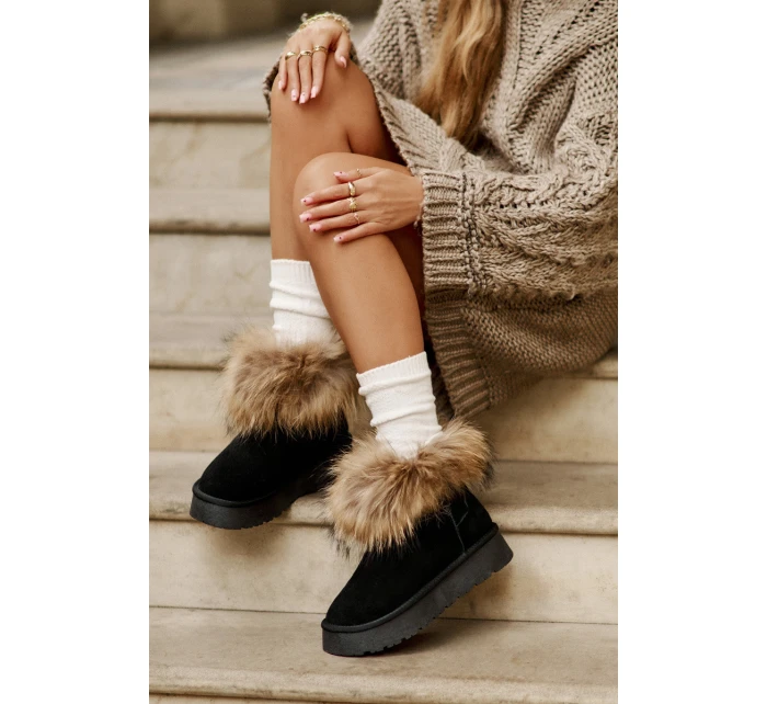 Kožené Sněhové Boty Na Platformě S Kožíškem Černé model 21677876 - Boto