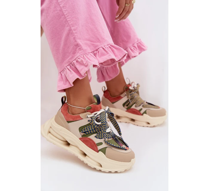 Kožené dámské tenisky na platformě model 22031852 Béžové - D&A