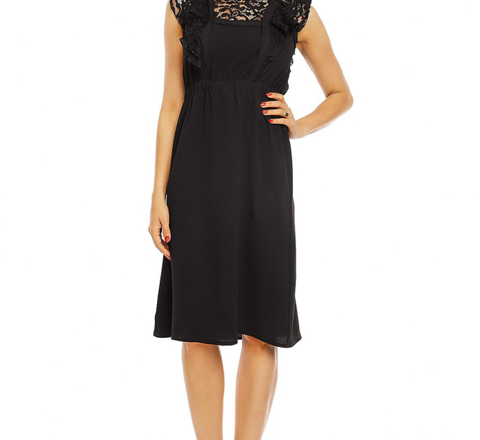 Dámské šaty s krajkovým rukávem středně dlouhé černé - Černá - Elli White