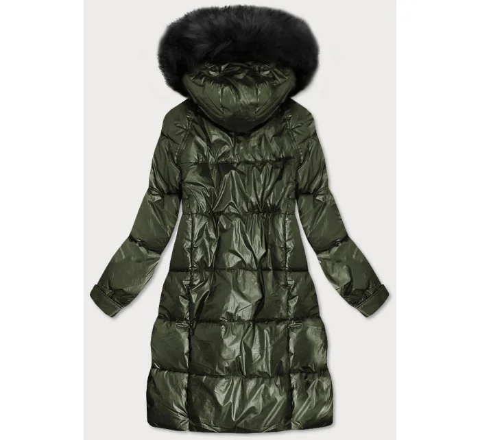 Dámská zimní metalická bunda v khaki barvě s kapucí (8295)