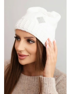 Dámská zimní čepice vlněná s krystaly a vzorem K455 ecru