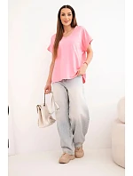 Dámská bavlněná halenka s výstřihem do V a s krátkým rukávem světle růžová