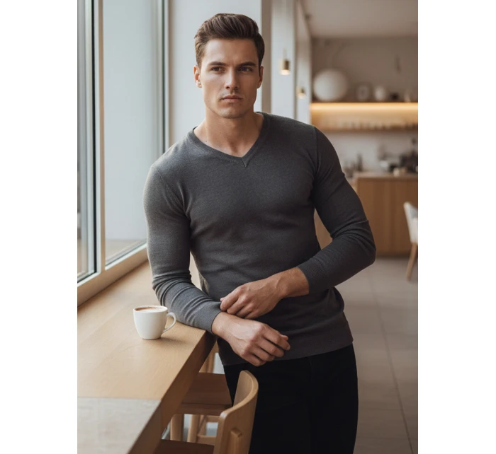 Pánský tmavě šedý svetr s výstřihem FashionStreet WX2219