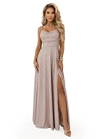 589-4 Dlouhé šaty s jemným třpytem a korzetovým zavazováním na zádech - béžovo-růžové s třpytkami