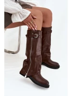 Dámské kozačky s ohrnovaným svrškem, sponou a stříbrným zipem, zateplené Bressa – hnědé Dámské kozačky s ohrnovaným svrškem, sponou a stříbrným zipem, zateplené Bressa – hnědé