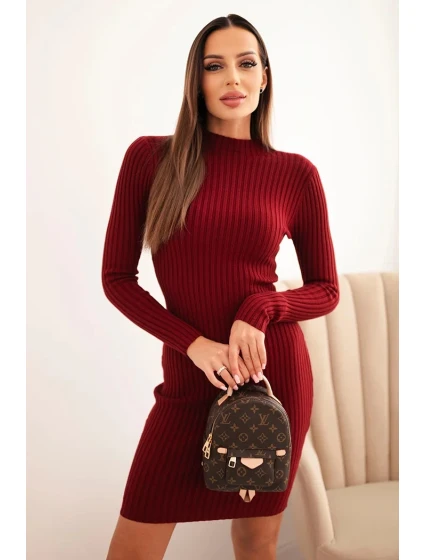 Dámská viskózová pruhovaná šaty s dlouhým rukávem a límečkem bordó