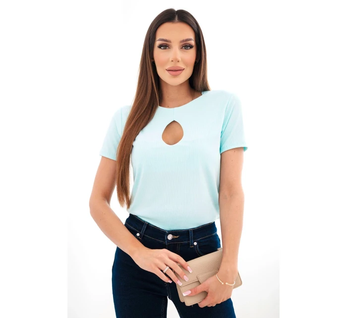 Dámská viskózová žebrovaná halenka s ozdobným výstřihem u dekoltu mentolová