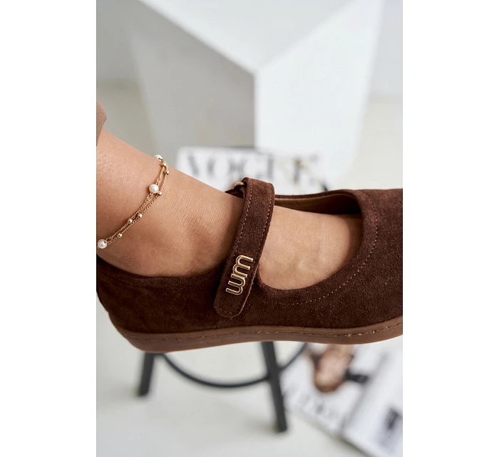 Kožené semišové baleríny Barefoot s páskem Zazoo 10206 Čokoládové