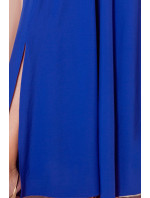 Dlouhé dámské šaty v chrpové barvě s výstřihem a volánky model 17406216 - numoco