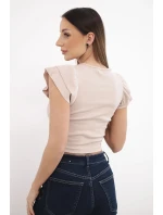 Dámská žebrovaná pruhovaná halenka na ramínkách s volánkem béžová