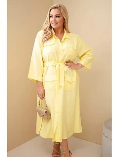 Dámské bavlněné košilové šaty Plus Size s páskem žlutá