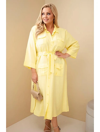 Dámské bavlněné košilové šaty Plus Size s páskem žlutá