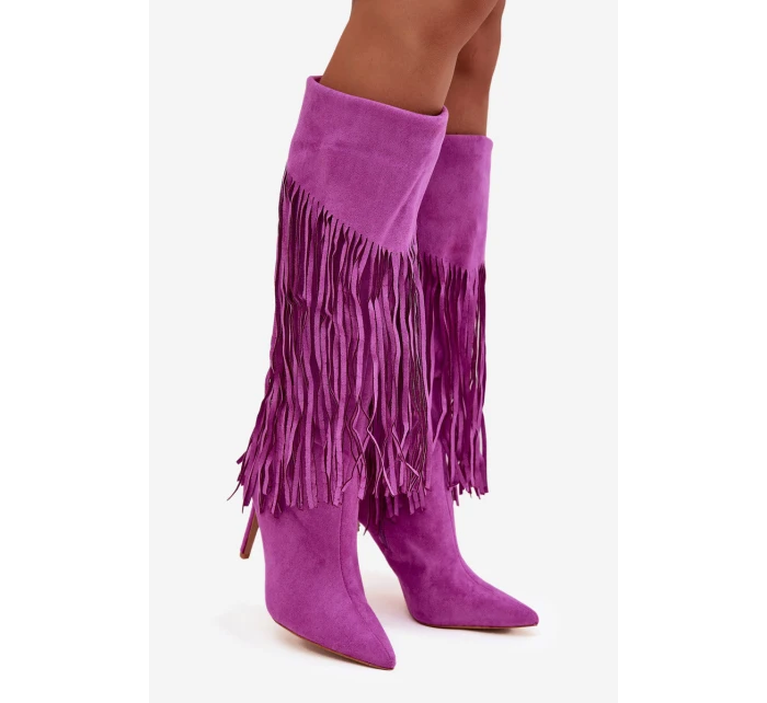 Dámské kozačky na jehlovém podpatku s třásněmi fialové Isalune Dámské kozačky na jehlovém podpatku s třásněmi fialové Isalune