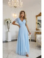 dlouhé třpytivé šaty s výstřihem a krátkými rukávy modré model 22017314 - numoco basic