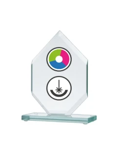 Skleněná trofej s barevným potiskem LuxorJet, gravírováním a inkoustovou výplní