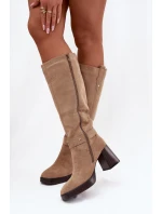 Dámské zateplené kozačky na podpatku s prošíváním Alessara – béžové