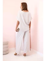 Dámský komplet z viskózy s ozdobným květem a širokými kalhotami tmavě béžová