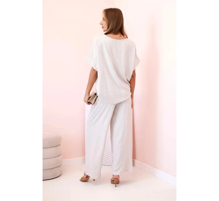 Dámský komplet z viskózy s ozdobným květem a širokými kalhotami tmavě béžová