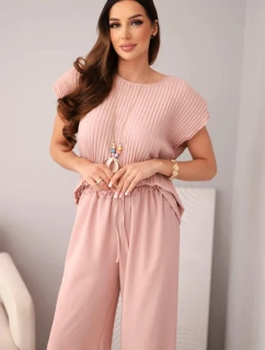 Komplet z wiskozy bluzka plisowana + spodnie tmavě pudrově růžová