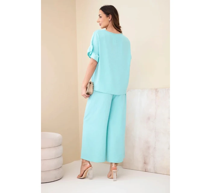 Dámský viskózový komplet s halenkou s potiskem a kalhotami mátový