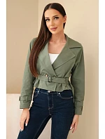 Dámská krátká model 22293776 viskózová bunda s páskem a klopami khaki - K-Fashion Dámská krátká model 22293776 viskózová bunda s páskem a klopami khaki - K-Fashion