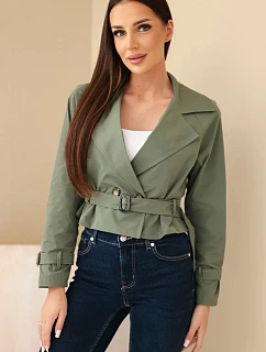 Dámská krátká model 22293776 viskózová bunda s páskem a klopami khaki - K-Fashion