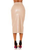Sexy kožený vzhled midi sukně s vysokým pasem a rozparkem