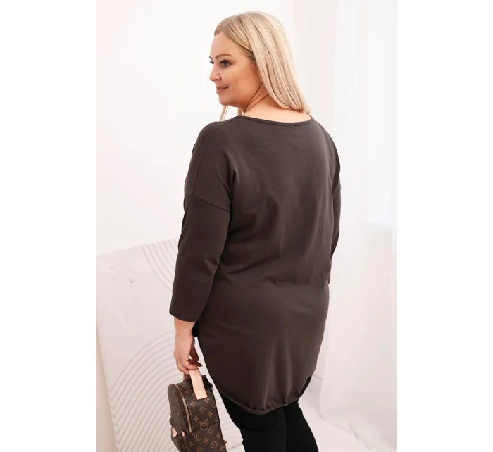 Dámská bavlněná blůza Plus Size s výstřihem do V a ohrnutým rukávem hnědá Dámská bavlněná blůza Plus Size s výstřihem do V a ohrnutým rukávem hnědá
