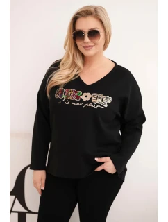 Dámská mikina Plus Size s nápisem a výstřihem do V černá