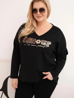 Dámská mikina Plus Size s nápisem a výstřihem do V černá