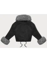 Černo/šedá krátká dámská džínová bunda s kožešinovou podšívkou J Style (11Z8219)