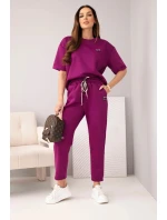 Dámský komplet viskózový máslo s krátkým rukávem a kalhotami s ohrnutým nohavicí tmavě fialový