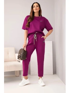 Dámský komplet viskózový máslo s krátkým rukávem a kalhotami s ohrnutým nohavicí tmavě fialový