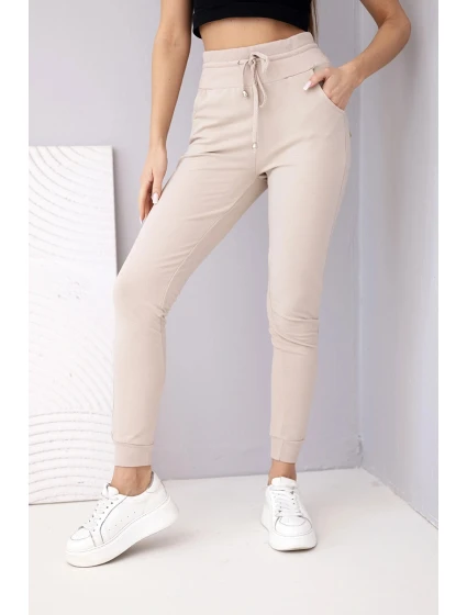 Dámské teplákové kalhoty s vysokým pasem a šňůrkou béžové