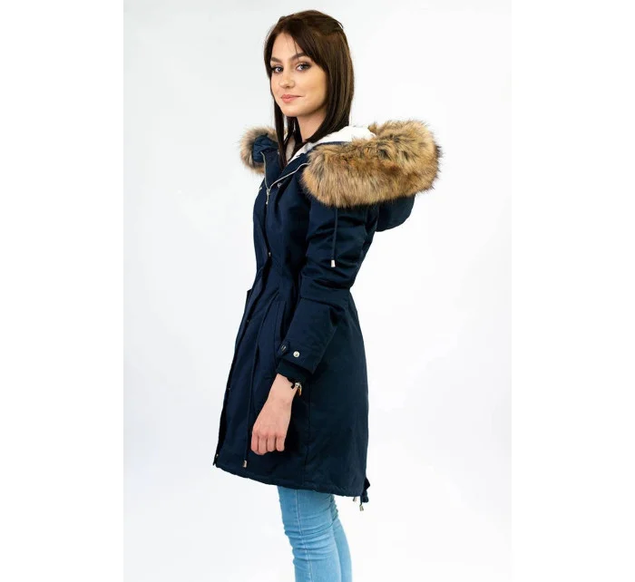 Tmavě modrá dámská zimní bunda parka s kapucí a odepínací kožešinovou podšívkou model 21242084 - Libland