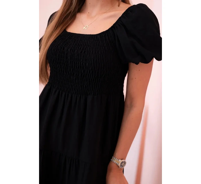 Dámské viskózové šaty s nabíranými rukávy a volánkovým topem černý